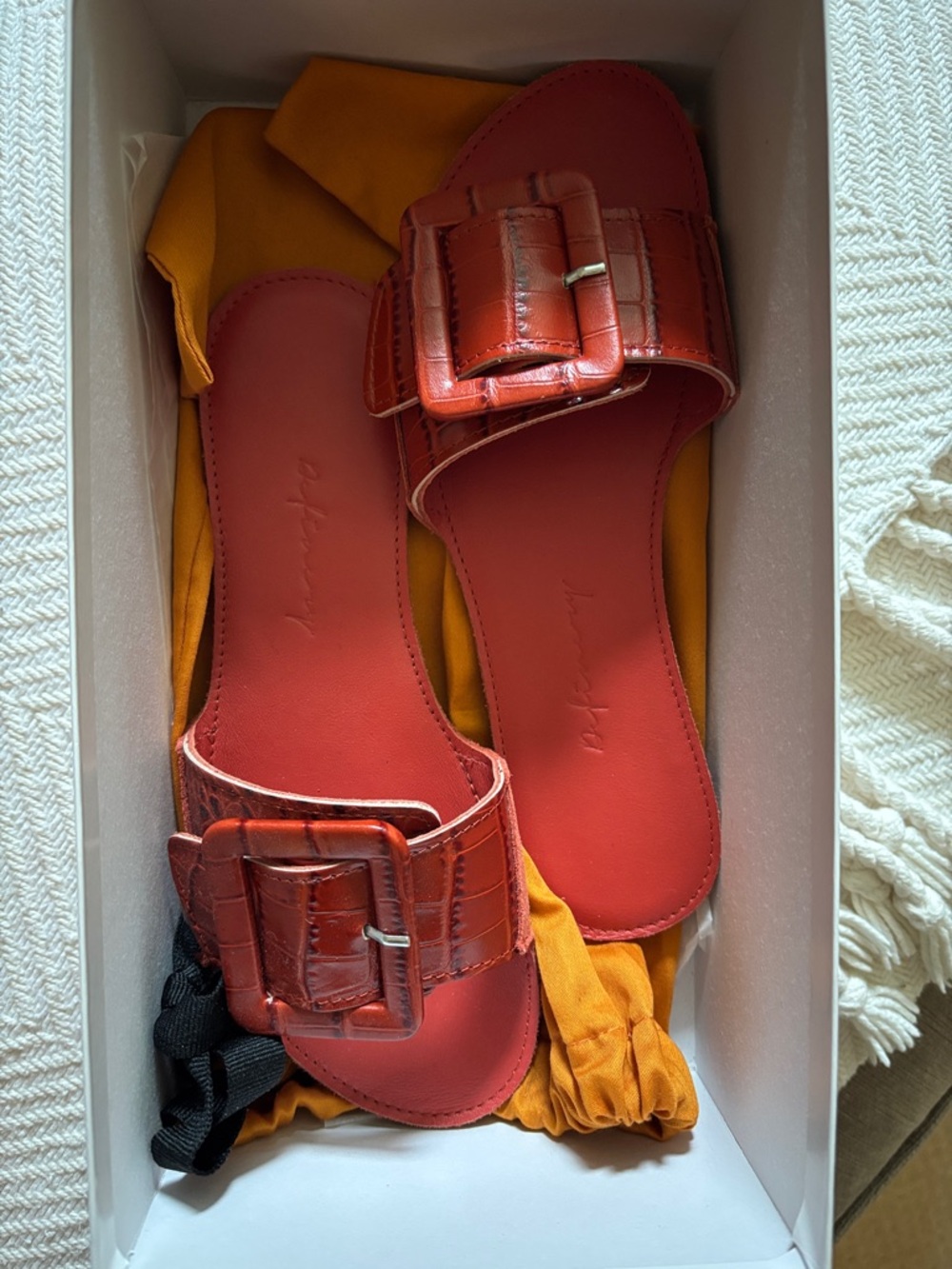 Women's Red Slide Mules with Buckle Detail